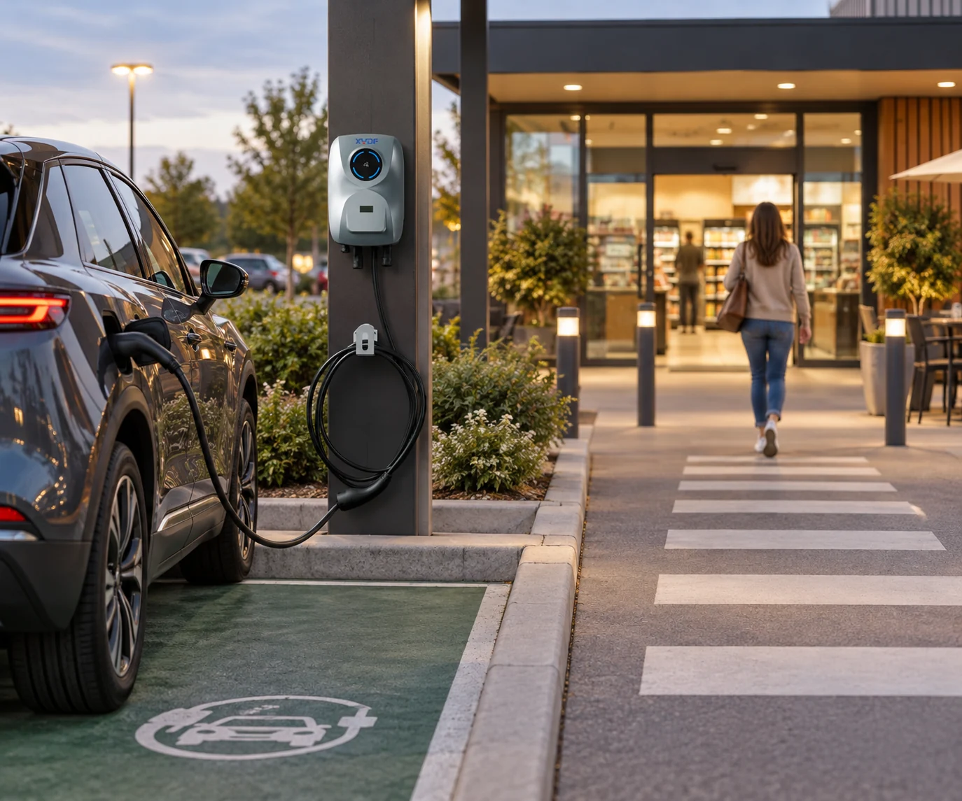 Retail parking charging bay connected to a clear pedestrian route and store entrance