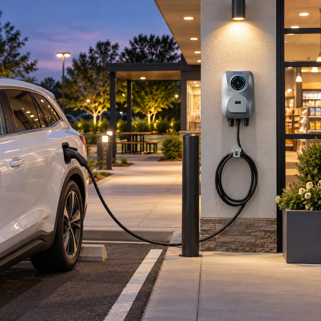 Retail EV charging area in early evening with practical lighting and an unobstructed route