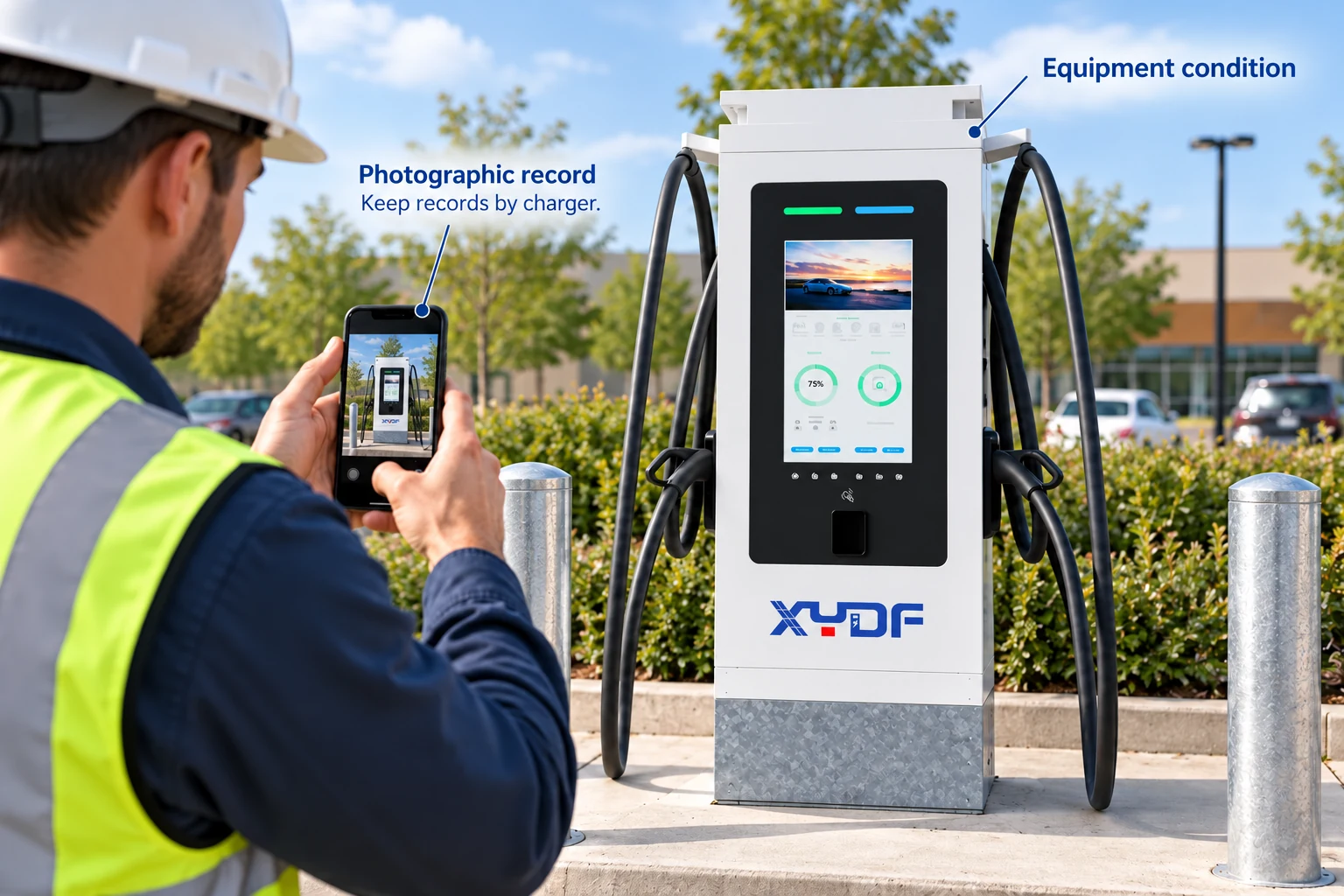 Site worker photographing the visible condition of a XYDF DC charger, with concise equipment and photo-record callouts