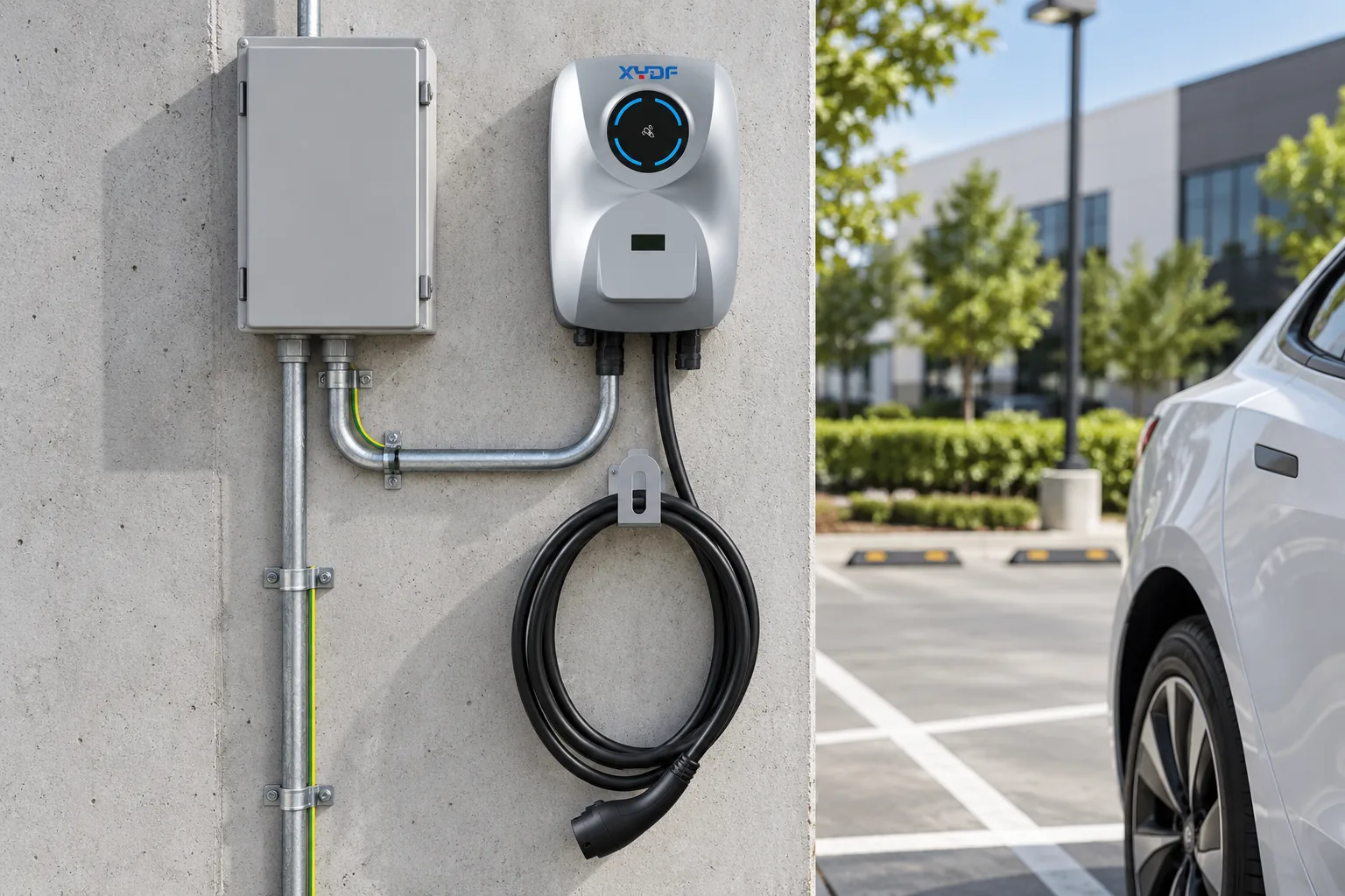 XYDF AC EV charger with plausible conduit, bonding conductor and external service protection cabinet at a commercial parking bay