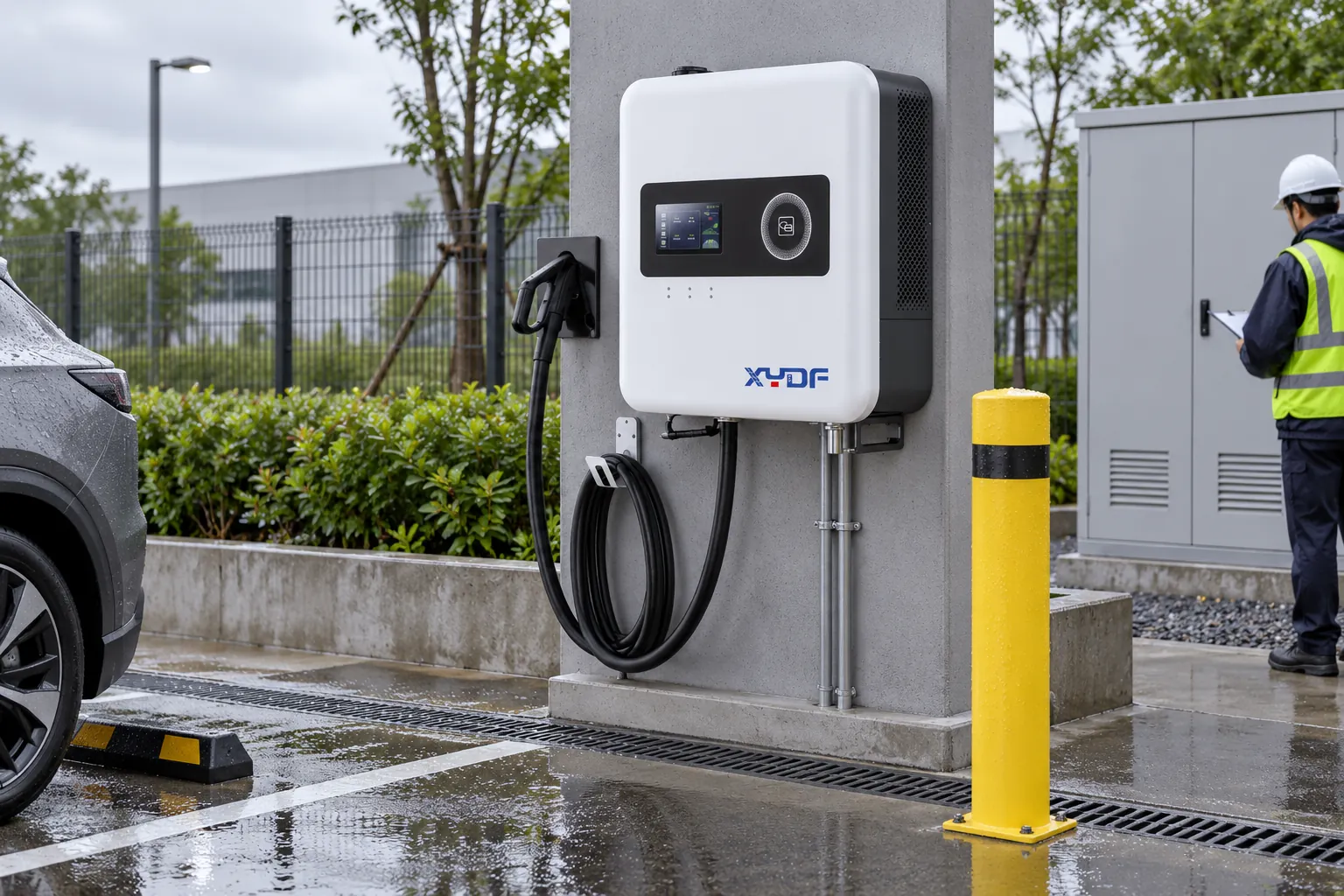 XYDF DC charger at an outdoor commercial charging bay during a post-storm inspection