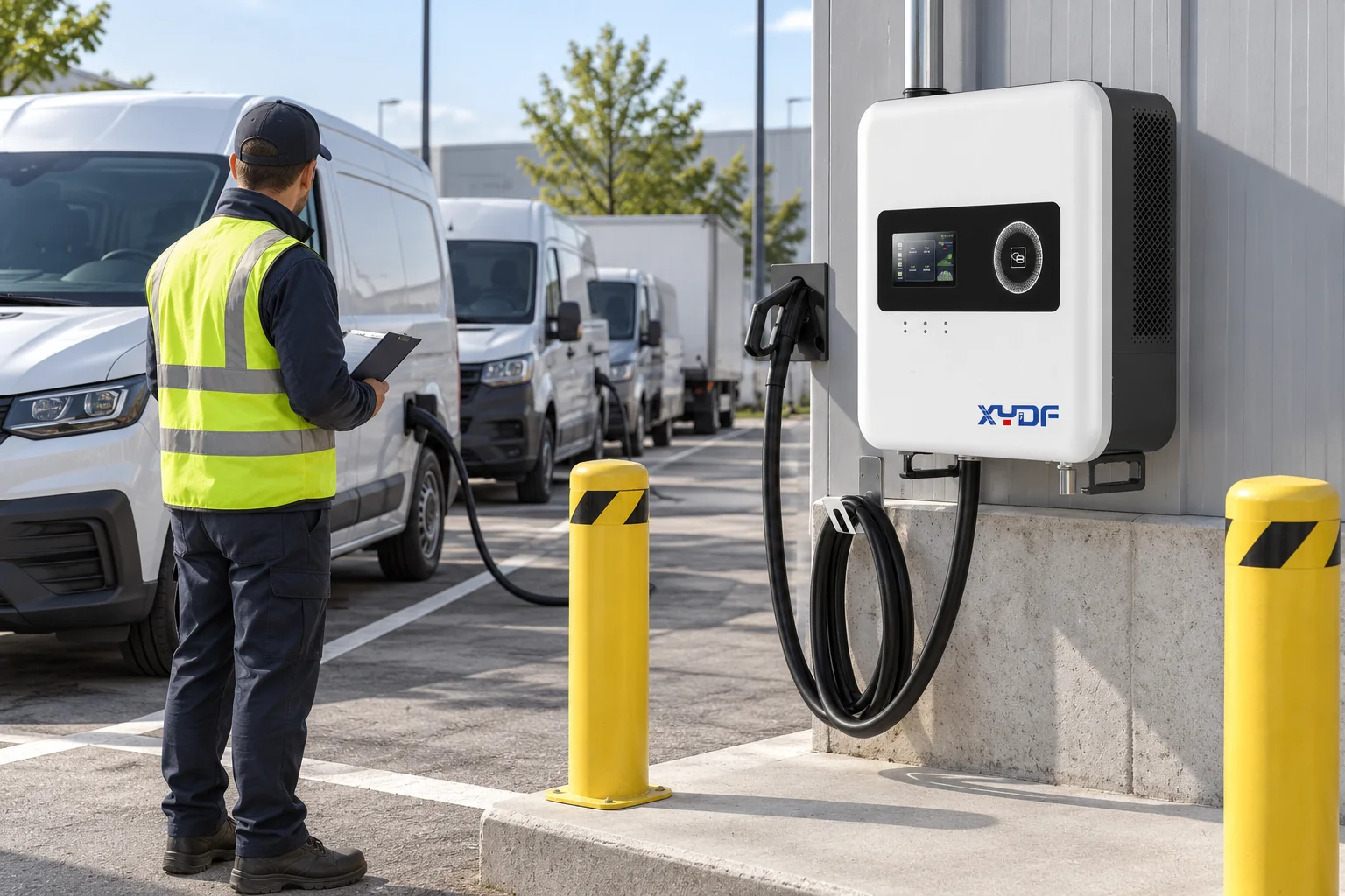 XYDF DC EV charger at a fleet depot with vehicles staged for scheduled charging