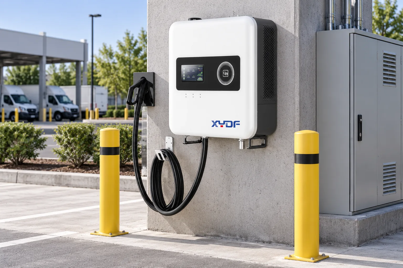 XYDF DC EV charger beside commercial electrical service equipment