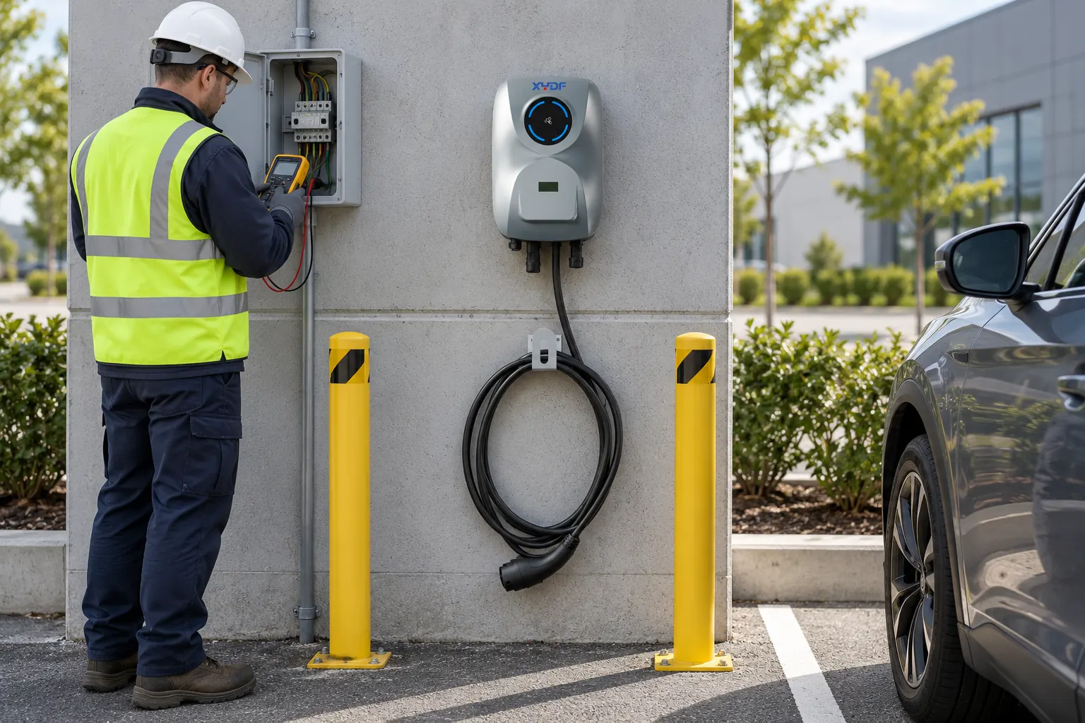 Electrician commissioning a XYDF AC EV charger near an electrical protection enclosure