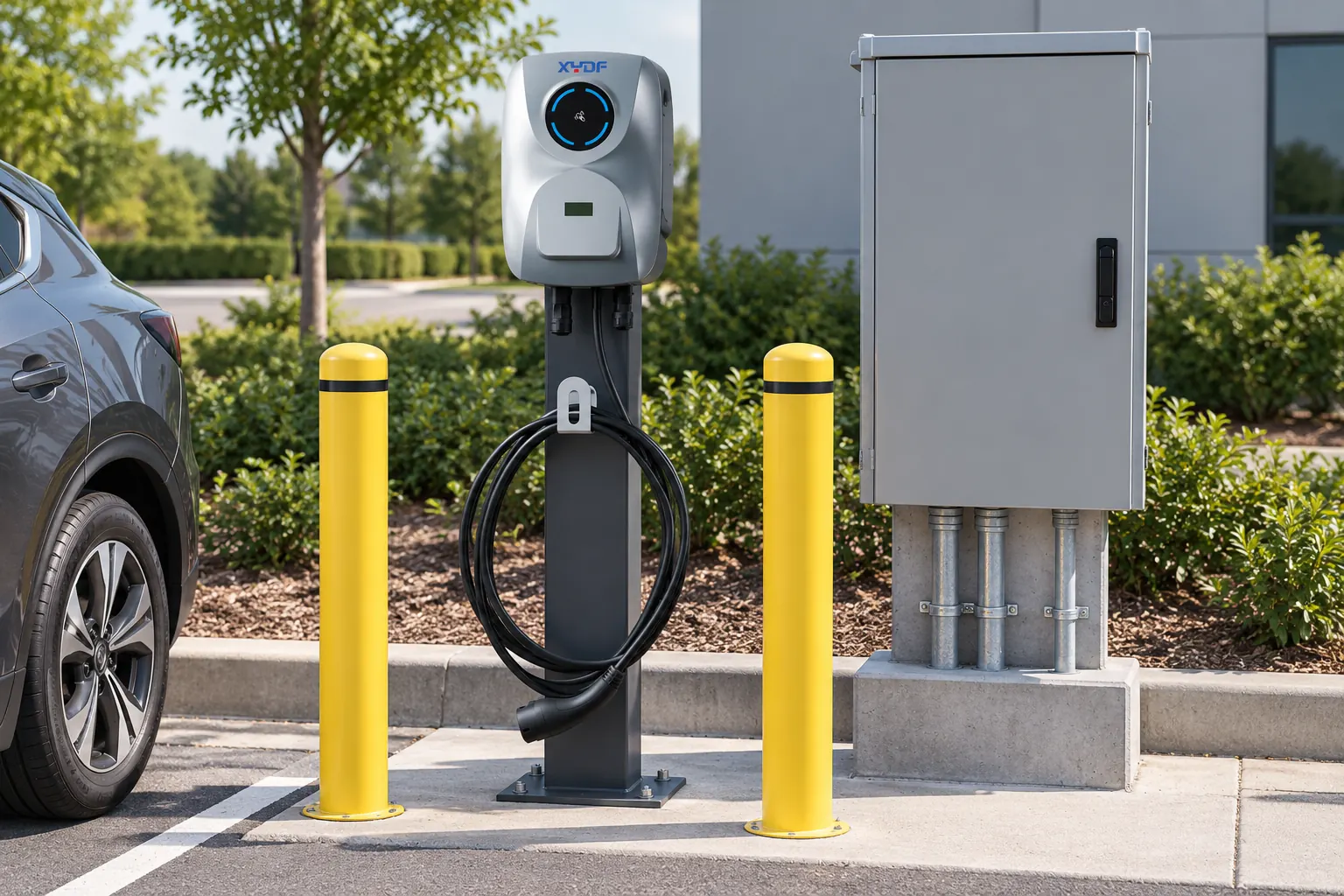 XYDF AC EV charger and adjacent electrical protection enclosure at a commercial site