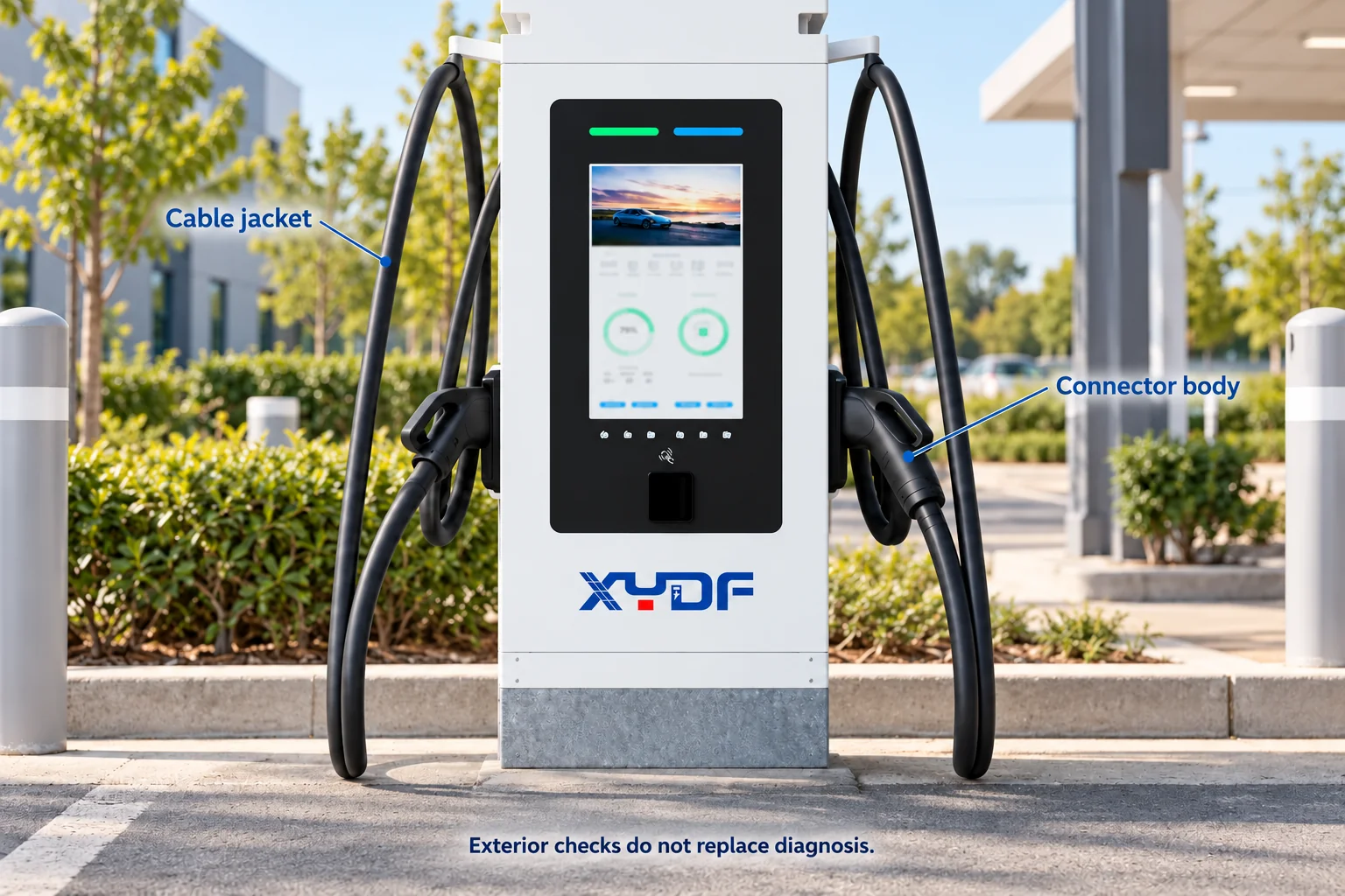 Closed XYDF DC charger with precise callouts identifying its stored cable jacket and connector body for exterior inspection