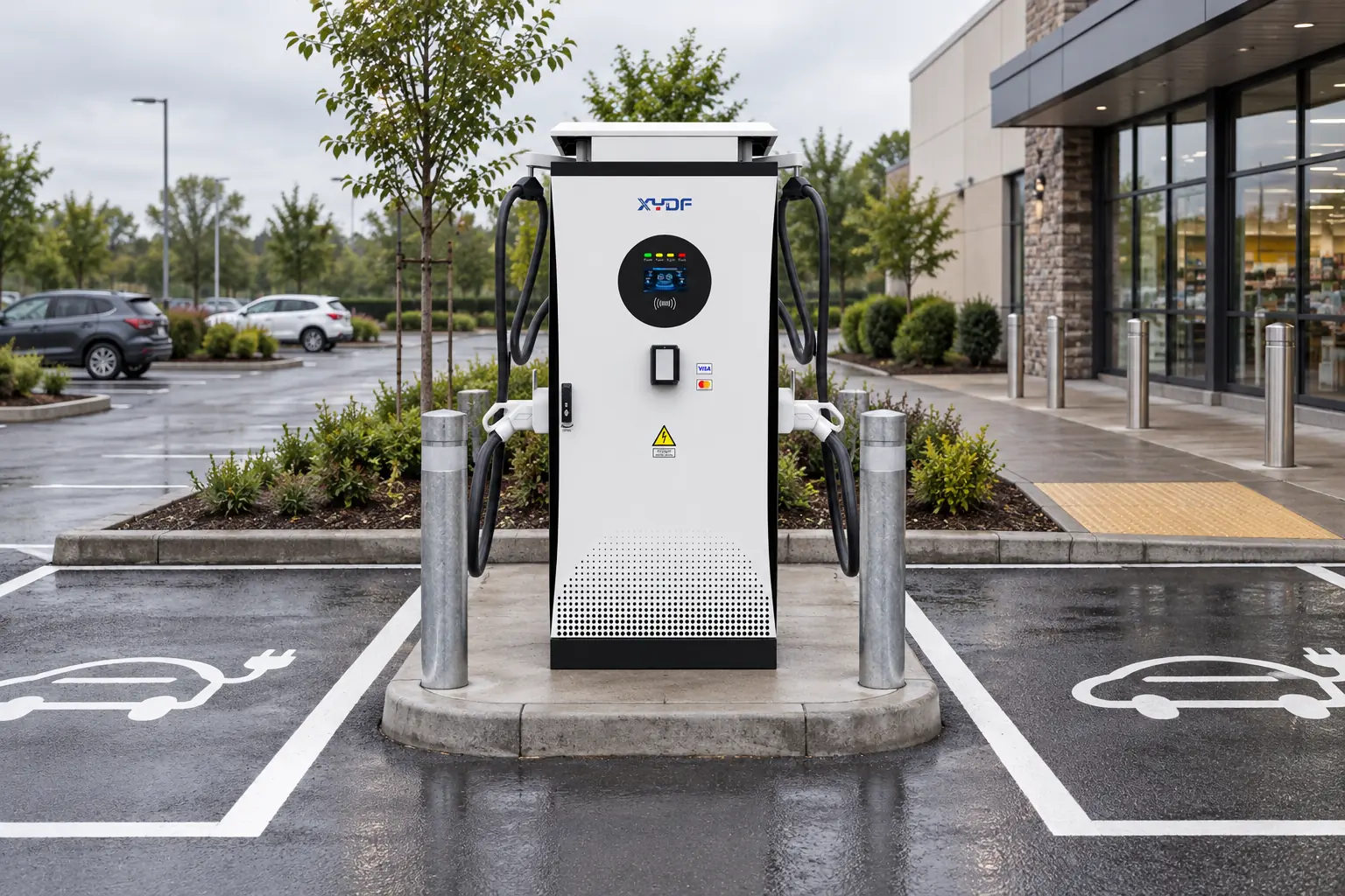 Commercial EV charging site layout with marked bays, access route and equipment service space