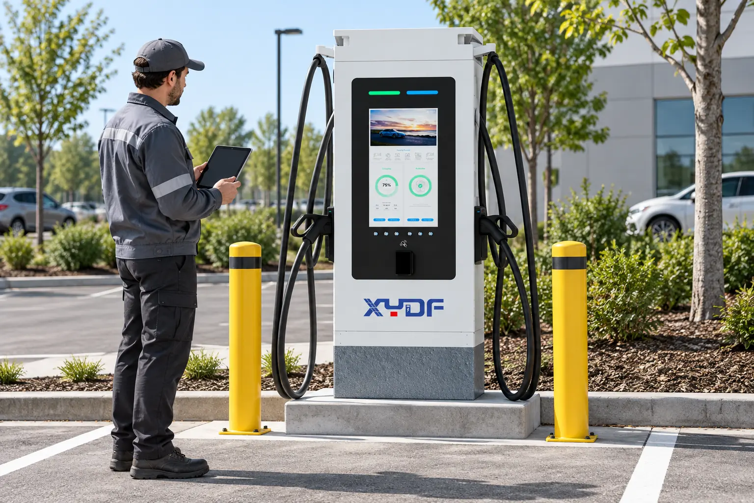 Commercial EV charging equipment installed at a parking site with clear maintenance access