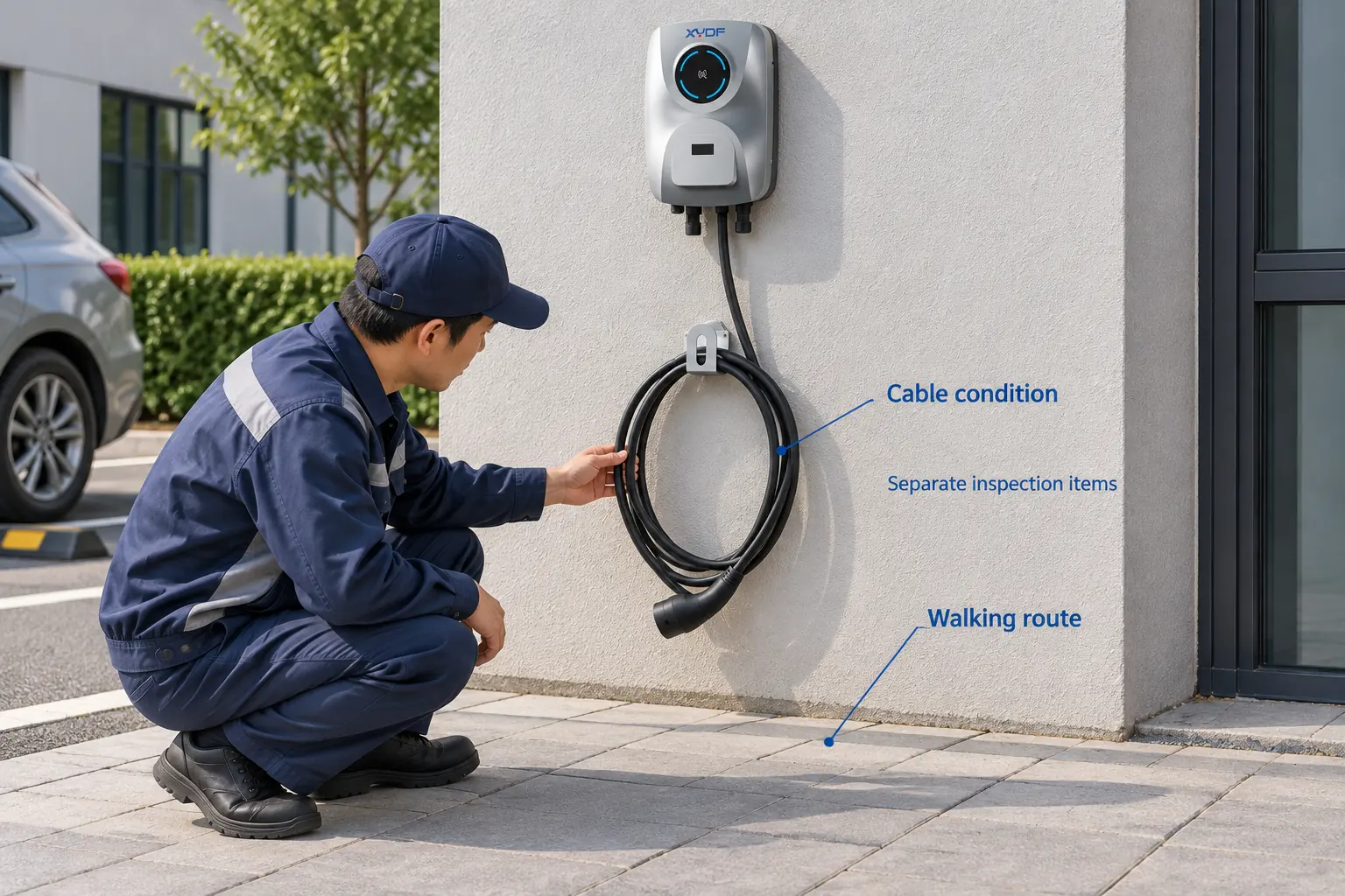 XYDF AC charger with separate callouts identifying cable condition and the adjacent walking route